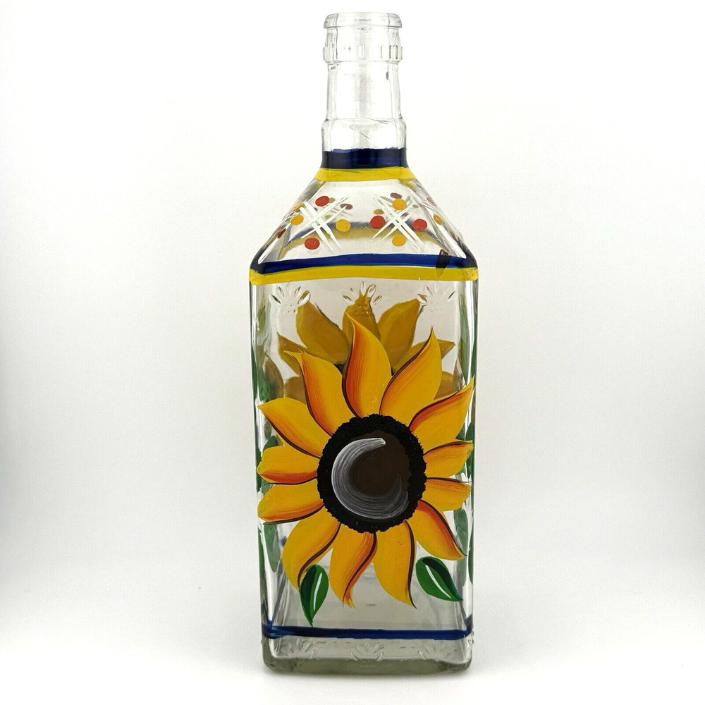 Unique Hand-painted Glass bottle Sunflower pattern 10" Mexican Style
